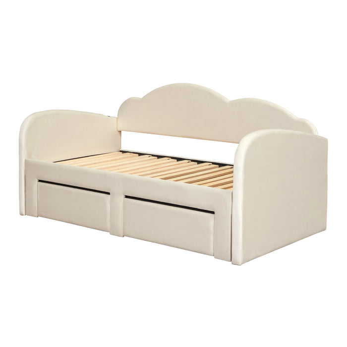 Upholstered Daybed With Cloud-Shaped Backrest, Trundle & 2 Drawers And USB Ports