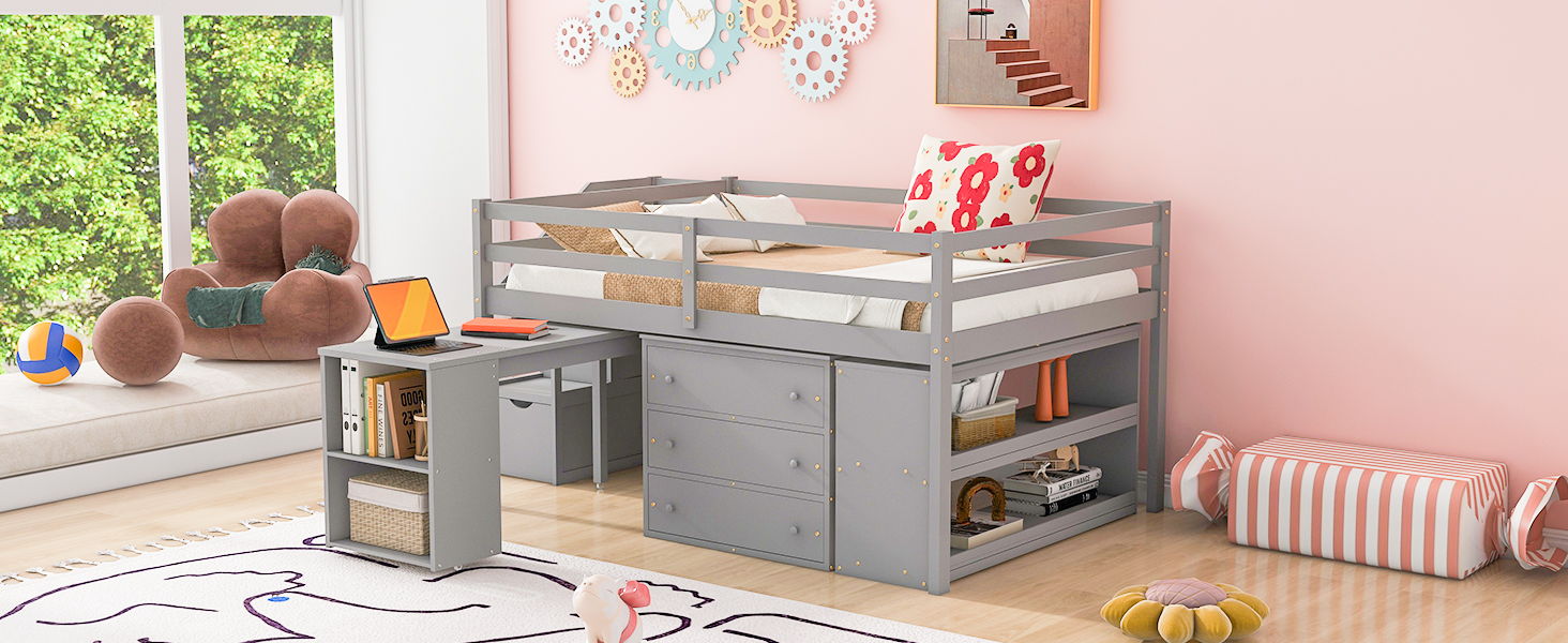 Loft Bed With Retractable Writing Desk And 3 Drawers With Storage Stairs And Shelves