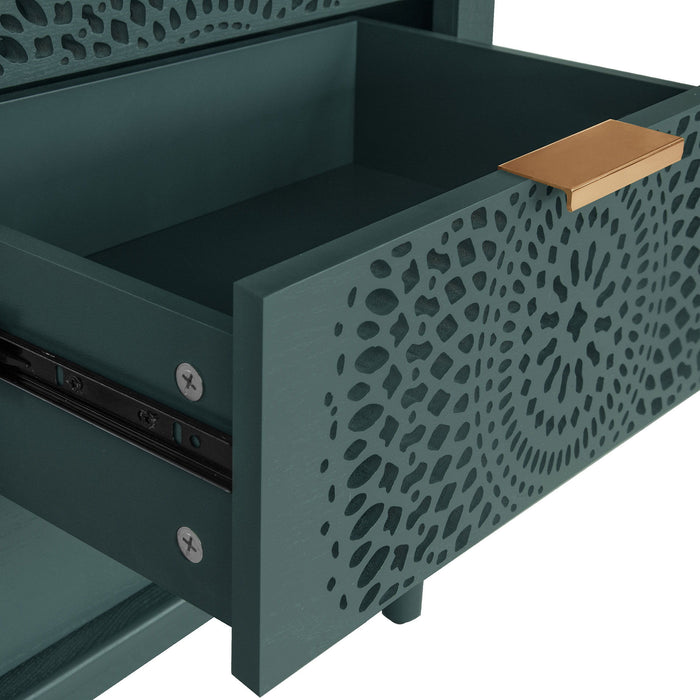Hollow Carved 3 Drawer Dresser With Metal Handles, Storage Chest For Living Room Or Bedroom - Blackish Green