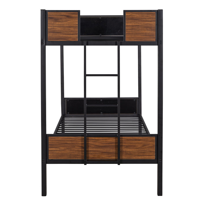 Twin Over Twin Bunk Bunk Bed With Safety Rail, Built In Ladder For Bedroom - Brown