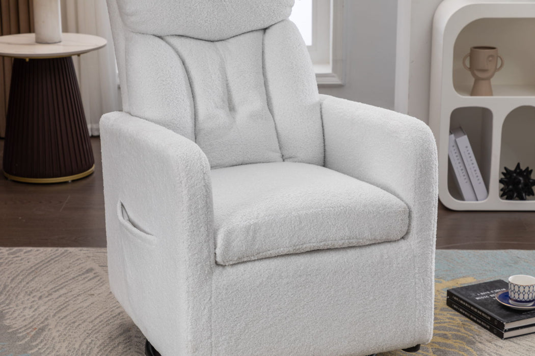 Teddy Fabric Swivel Rocking Chair Gilder Chair With Pocket, White