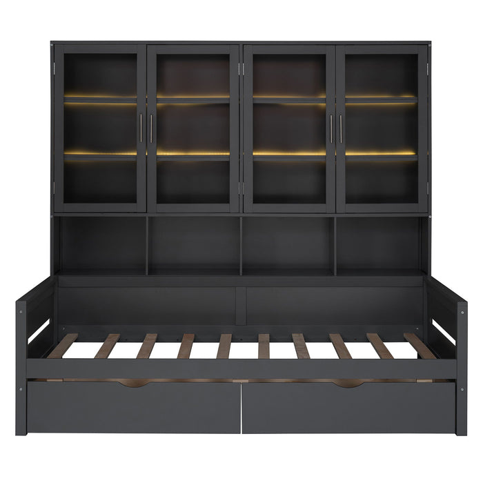 Daybed With Glass Door Storage Cabinets, Built In LED Lighting And Shelves
