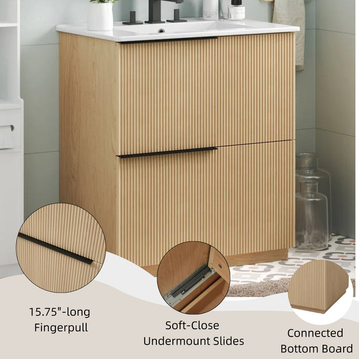 Fluted Bathroom Vanity With Ceramic Sink, Soft Close Slides