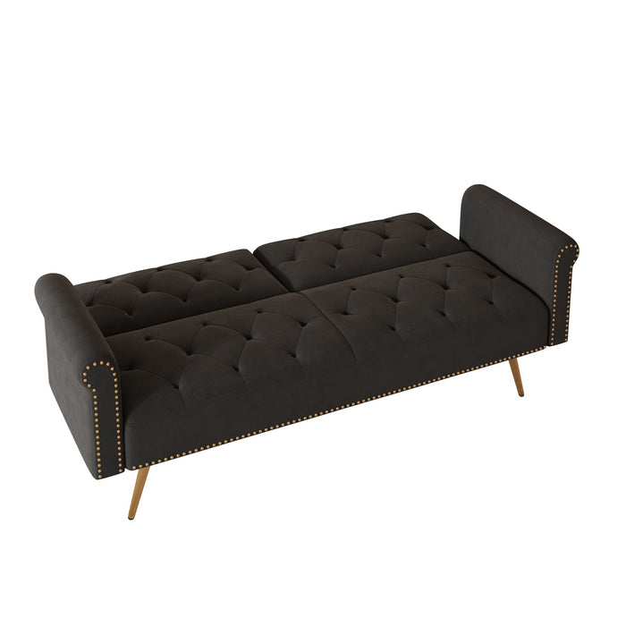 Luxurious Velvet Sofa Bed With Nail Head Trim And Matching Pillow