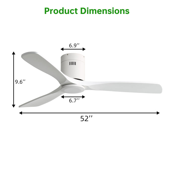 52" Flush Mount Ceiling Fan & Remote, No Light, 3 Blades, 6 Speed DC Motor For Indoor Patio - White