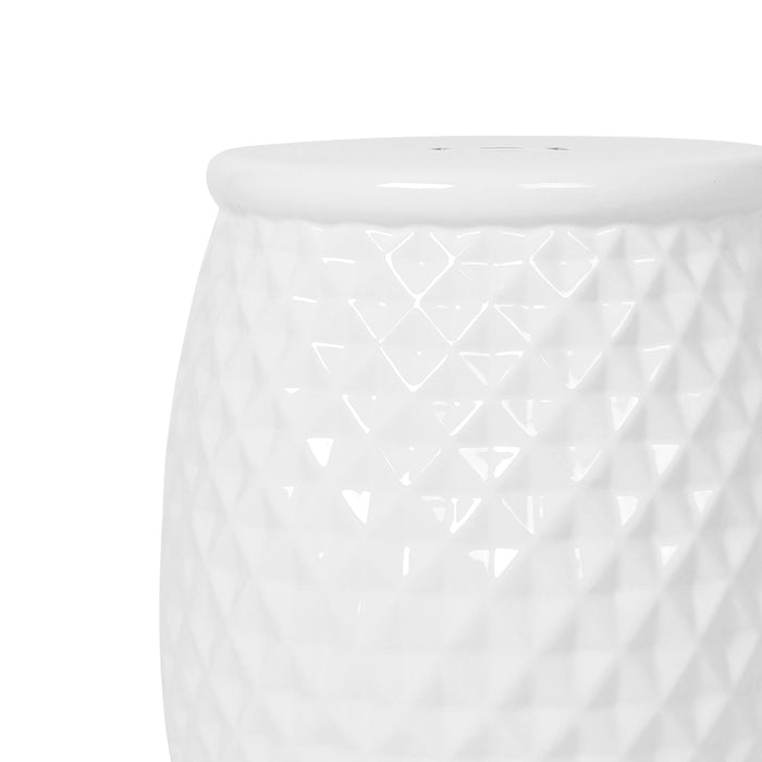 Glazed Ceramic Drum Stool Indoor / Outdoor Side Table Ceramic - White