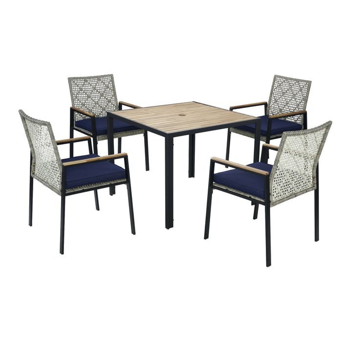 5 Piece Patio Dining Table Set, Acacia Wood Table Top With Umbrella Hole