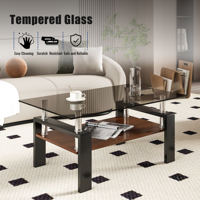 Modern Rectangular Coffee Table With Tempered Transparent Glass Top And Storage Shelf
