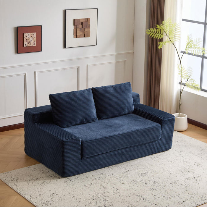 Loveseat Sofa, Comfortable Deep Seat Sofa Bed, Modern Small Corduroy Couch For Living Room Bedroom,Reversible Cushion With Pillows,No Assembly Required, Dark Blue