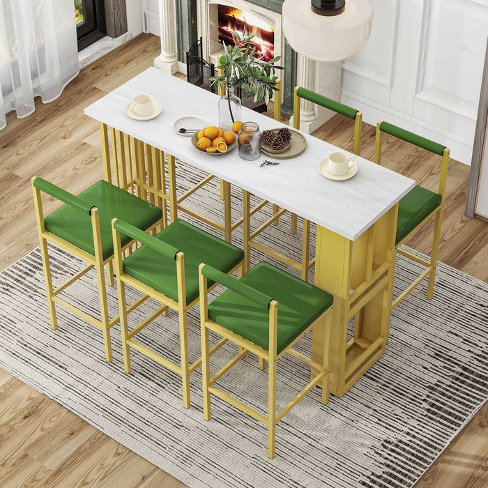 Trexm 7 Piece Multi - Functional Modern Counter Height Dining Bar Table Set With Open Shelves And 6 Upholstered Stools For Dining Room, Bar And Cafe (White And Green)