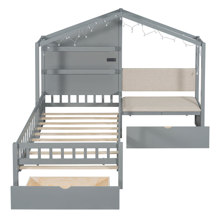 House Bed With Upholstered Sofa, Wireless Charging Station, Shelves And 2 Drawers