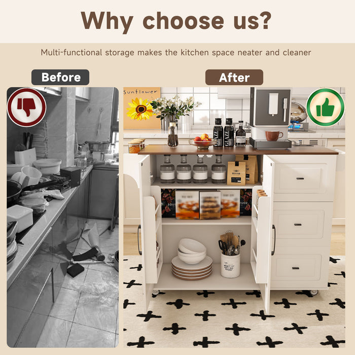 Kitchen Island Cart With Foldable Tabletop & Drop Leaf Mobile Breakfast Bar With Wood Top And Storage - White / Walnut