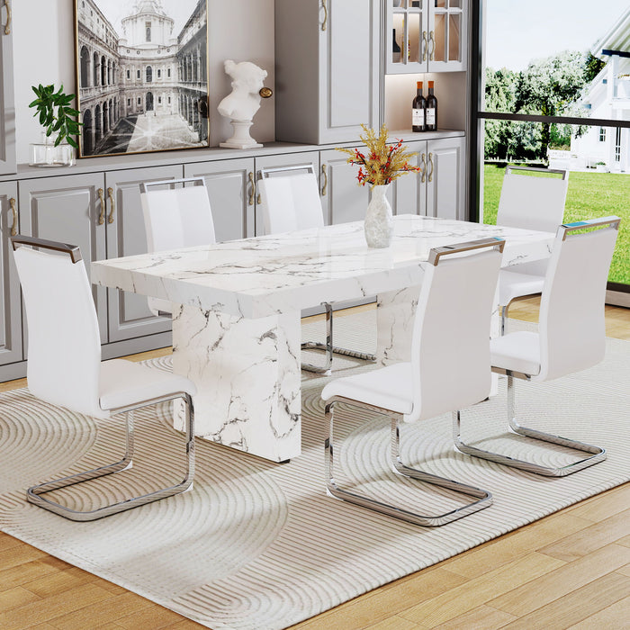 One Piece Of White MDF Material With Patterns On The Dining Table 6 PU Synthetic Leather High Backrest Cushioned Side Chairs With C-Shaped Silver Metal Legs