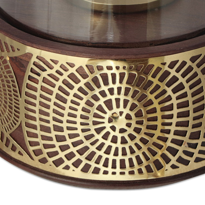 Boho Handcrafted Mango Wood Hurricane Candle Holder With Tempered Glass And Metal Accents - Brown