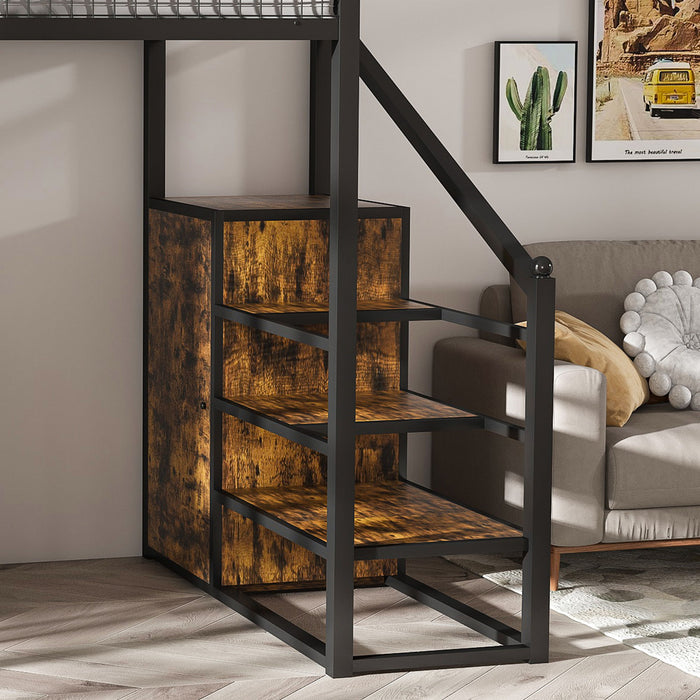 Full Size Loft Bed With Desk & Wardrobe Heavy Frame, Built In Staircase, Storage Rack & Shelves Gaming Bed - Black