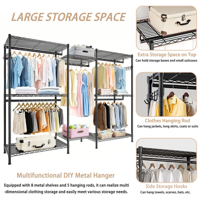 Heavy Duty Garment Rack With 8 Adjustable Wire Shelves And 5 Clothes Rails, Freestanding Closet Organizer Metal - Black