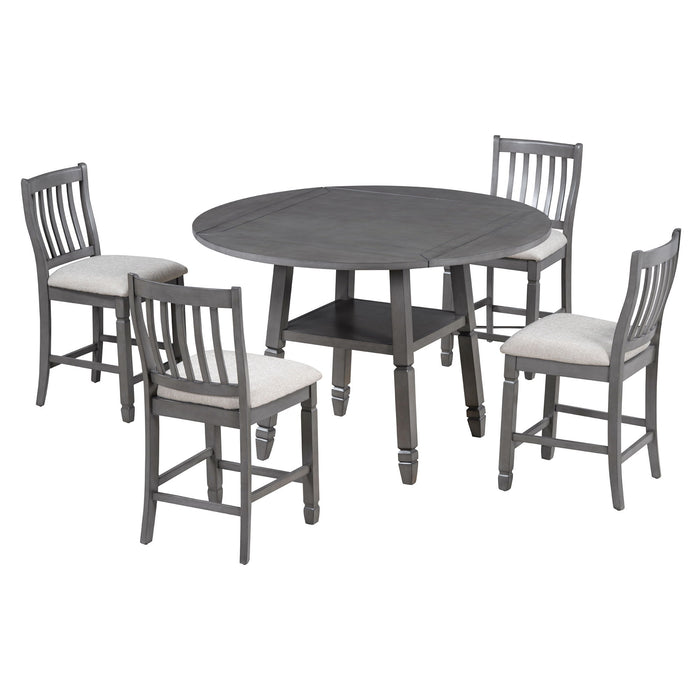 Trexm 5 Piece Counter Height Dining Table Set In 2 Table Sizes With 4 Folding Leaves And 4 Upholstered Chairs For Dining Room (Gray / Beige Cushion)