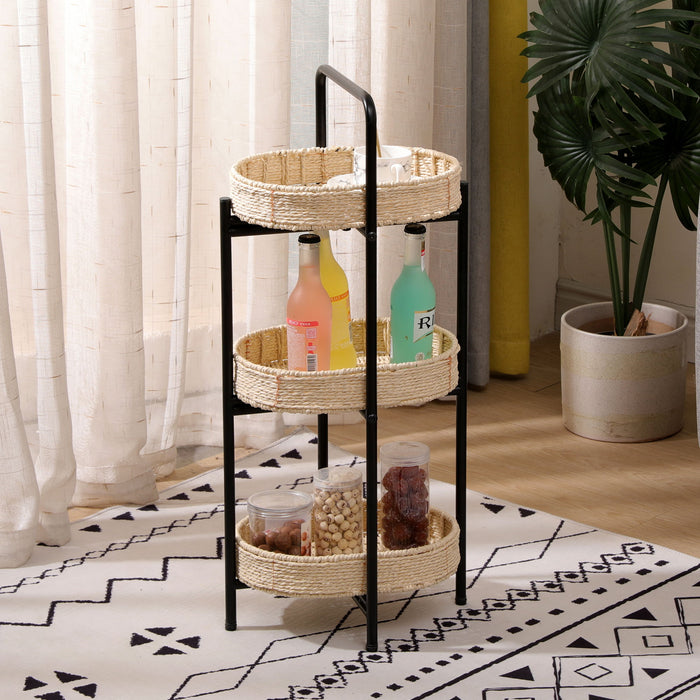 Modern 3 Tier Handwoven Side Table With Oval Organizer