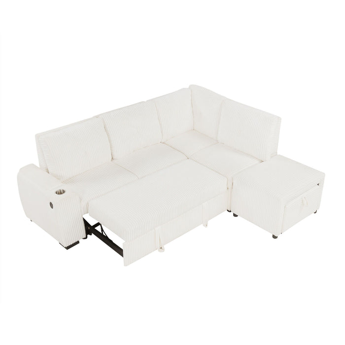 Pull-Out L-Shaped Sectional Sofa With Movable Ottoman And Stool, Large Storage Space, A Cup Holder, And 2 USB Ports For Living Room