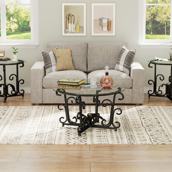 3 Piece Coffee Table Set With Tempered Glass Surface - Black