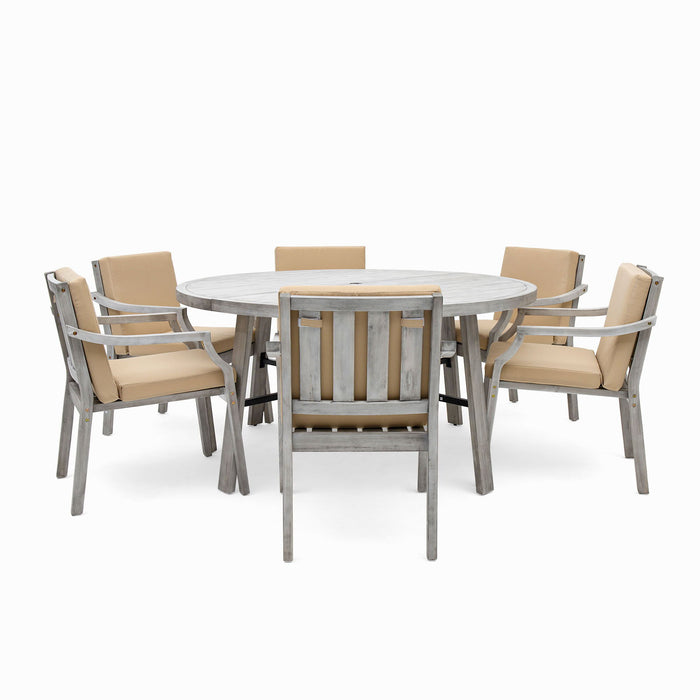 6 Person Outdoor Wooden Dining Set With Umbrella Hole And Removable Cushions For Patio - Gray