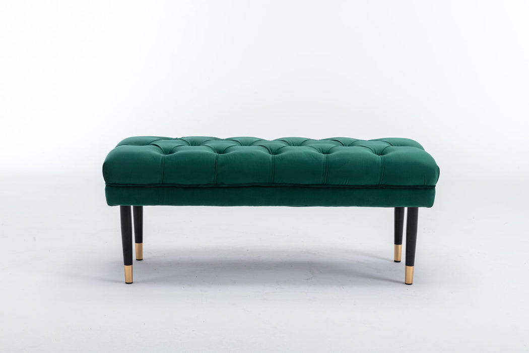 Tufted Bench Modern Velvet Button Upholstered Ottoman Enches Bedroom Rectangle Fabric Footstool With Metal Legs For Living Room Entryway, Green