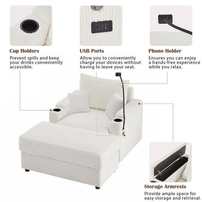 Single Sofa Couch With Storage Space, Movable Ottoman, USB Ports, Cup Holders, Phone Holder
