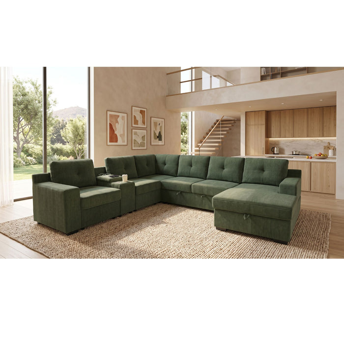 U - Shape Sectional Pull Out Bed With Console, Storage, And USB Charging