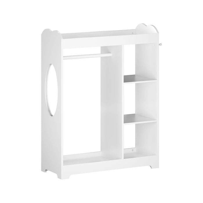 Dress Up Storage With Mirror And Hooks, Clothes Rack With Hanging Rod, 3 Side Hooks, Open Shelves, Top Shelf Organizer - White