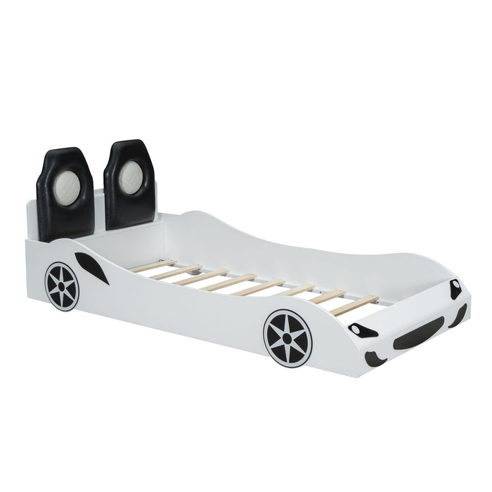 Race Car Shaped Platform Bed With LED And Upholstered Backrest In
