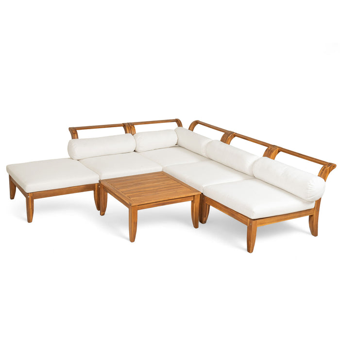 6 Piece Patio Sofa Set, Acacia Wood Outdoor Modular Sectional Garden Furniture Set L Shaped Conversation Set, Convertible Daybed With Tea Table, Ottoman, 5 Cushions And Pillows - Teak / Beige