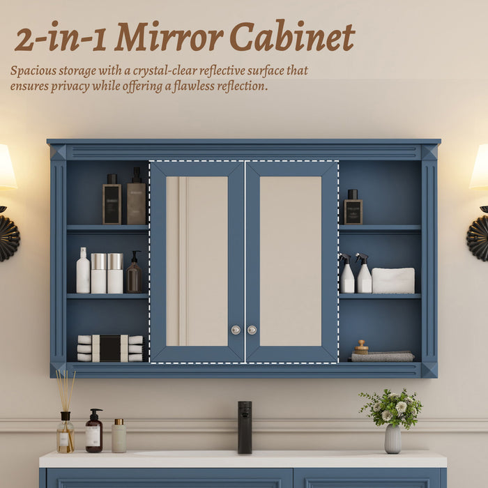 Wall-Mounted Mirror Cabinet With Adjustable Shelf And Open Shelves