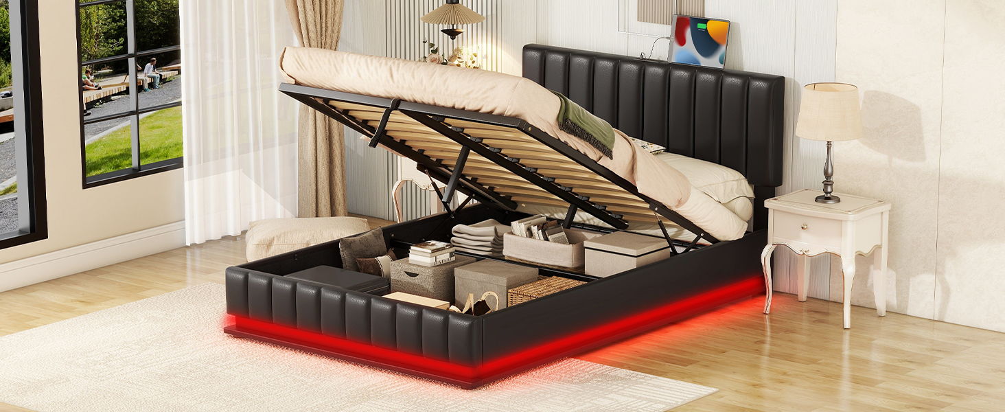 Upholstered Bed With Hydraulic Storage System And LED Light, With Sockets And USB Ports