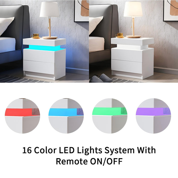Modern LED Bedside Table Cabinet With Adjustable Lights And 2 Drawers - White