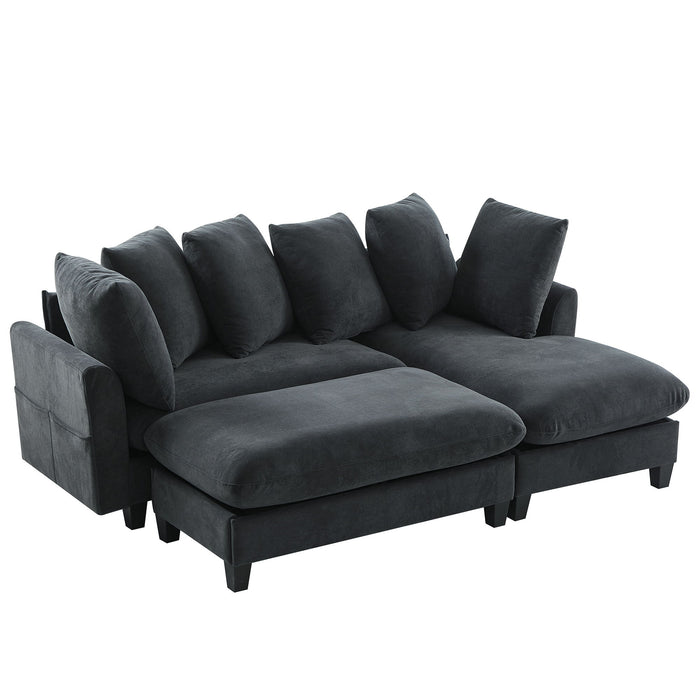 Upholstered L Shaped Sectional Sofa With Storage, Movable Ottoman, And 6 Throw Pillows