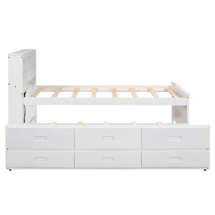 Platform Bed With Storage Headboard, USB, Trundle And 3 Drawers