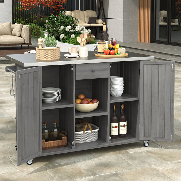 Outdoor Kitchen Island With Stainless Steel Top, Ample Storage Space, Towel And Spice Racks And A Bottle Opener