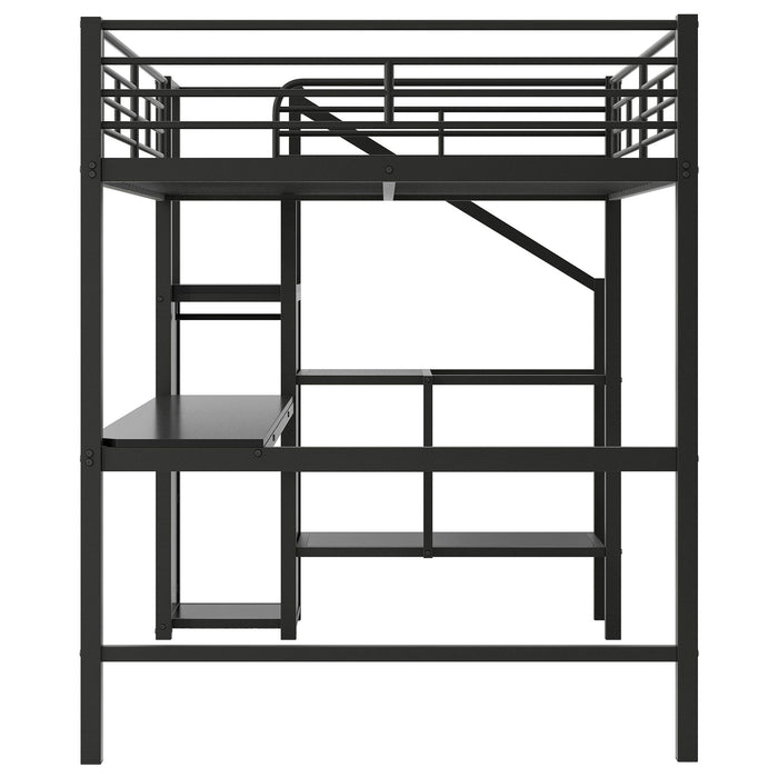 Full Size Loft Bed With Desk, Storage Staircase, Small Wardrobe And LED Light - Black