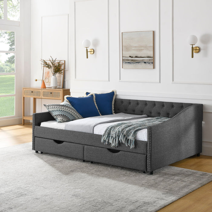 Full Size Upholstered Daybed With Tufted Back And Nail Trimmed Waved Arms - Dark Gray