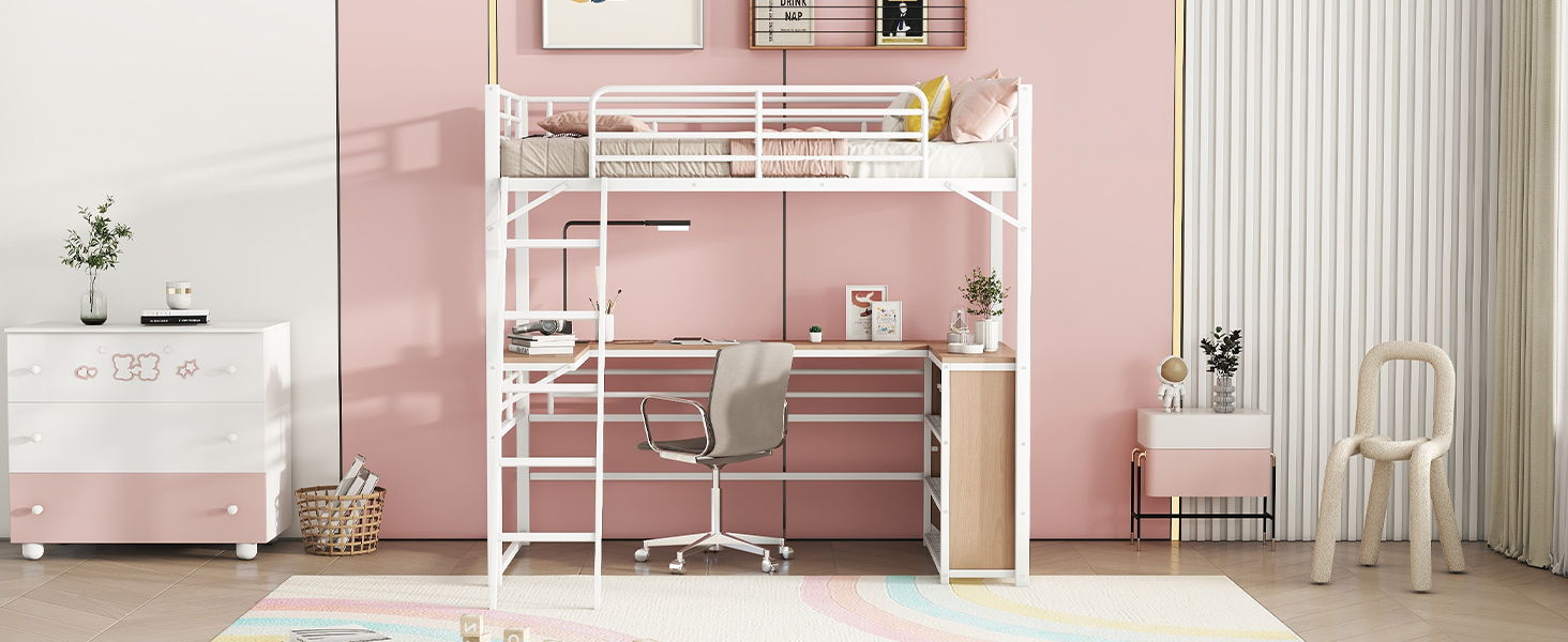 Loft Bed & 3 Layers Of Shelves And L-Shaped Desk