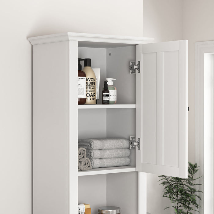 Wooden Bathroom Floor Storage Cabinet With 2 Doors And 6 Shelves - White