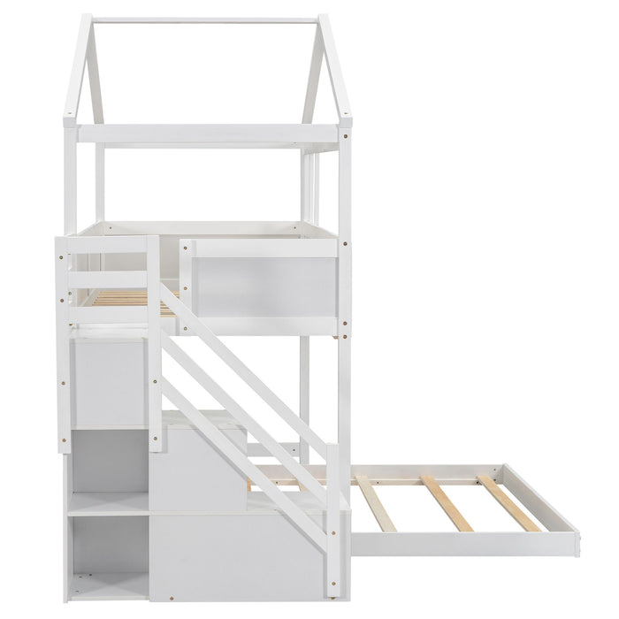 House Style Bunk Bed With Storage Staircase And Blackboard