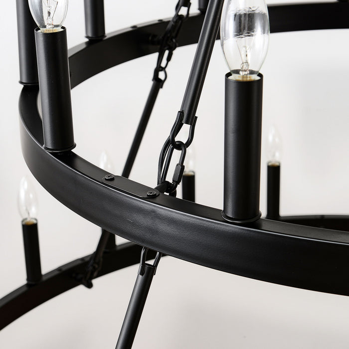 2 Tiers Wagon Wheel Chandelier Wooden Farmhouse 36 Light (24 / 12) Or (12 / 24) Metal Chandeliers 2 Story Light Fixtures Industrial For High Ceiling Living Dining Room Foyer, Adjustable Height - Black