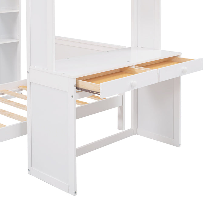 Loft Bed With A Stand Alone Bed, Shelves, Desk, And Wardrobe