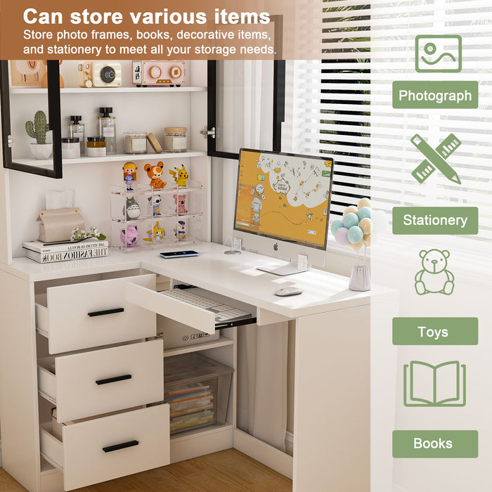 L-Shaped Computer Desk With Glass Cabinets, Built In LED Lights, USB Charging Ports