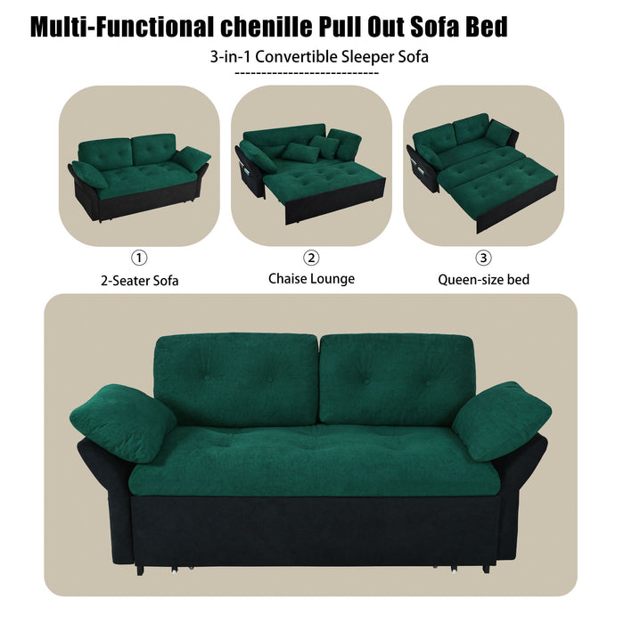 Modern Convertible Sleeper Sofa Bed With Pull-Out Queen Design, Side Storage & Thick Cushions