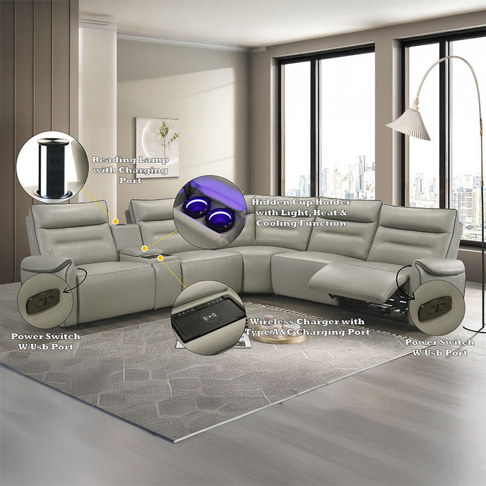 Jayke - Power Motion Sectional Sofa - Light Gray Top Grain Leather Match
