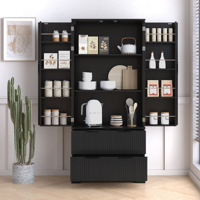 Fluted Kitchen Pantry Cabinet With 2 Large Drawers & 8 Door Spice Rack