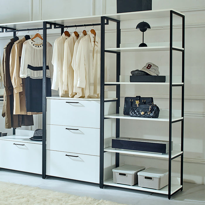 Fiona - Freestanding Walk In Wood Closet System & Metal Frame Durable Storage Solution Melamine - White