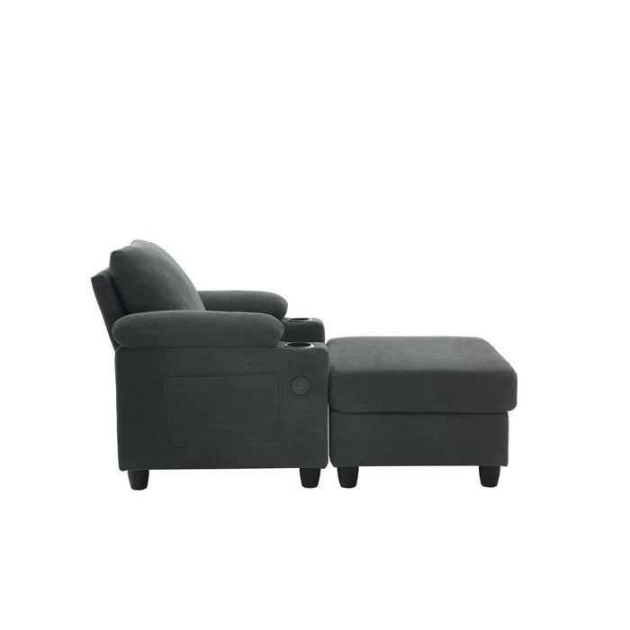 Accent Chair With Storage Ottoman, Reclining Single Chaise Lounge With Cupholders And USB, C Ports